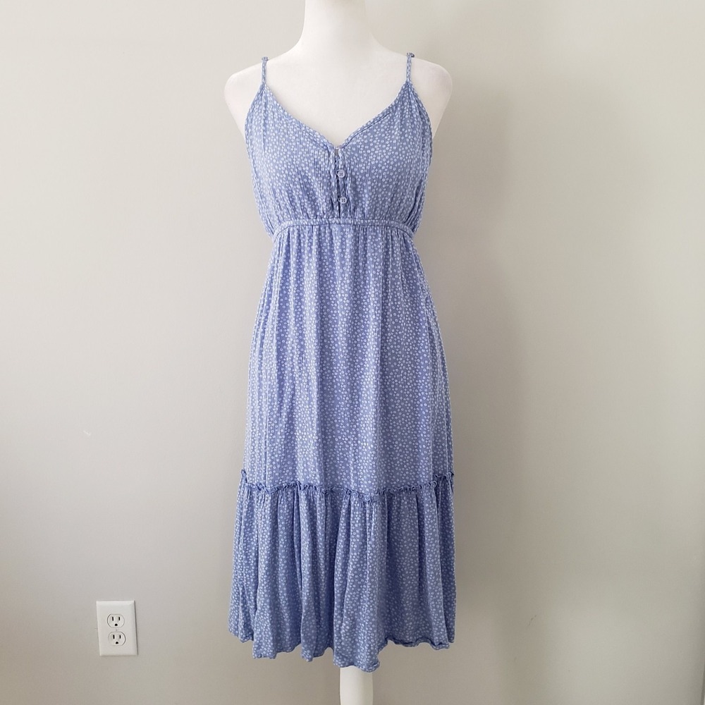 Disty Floral Babydoll Dress LARGE Country Cottagecore Empire Ruffle Concert Blue